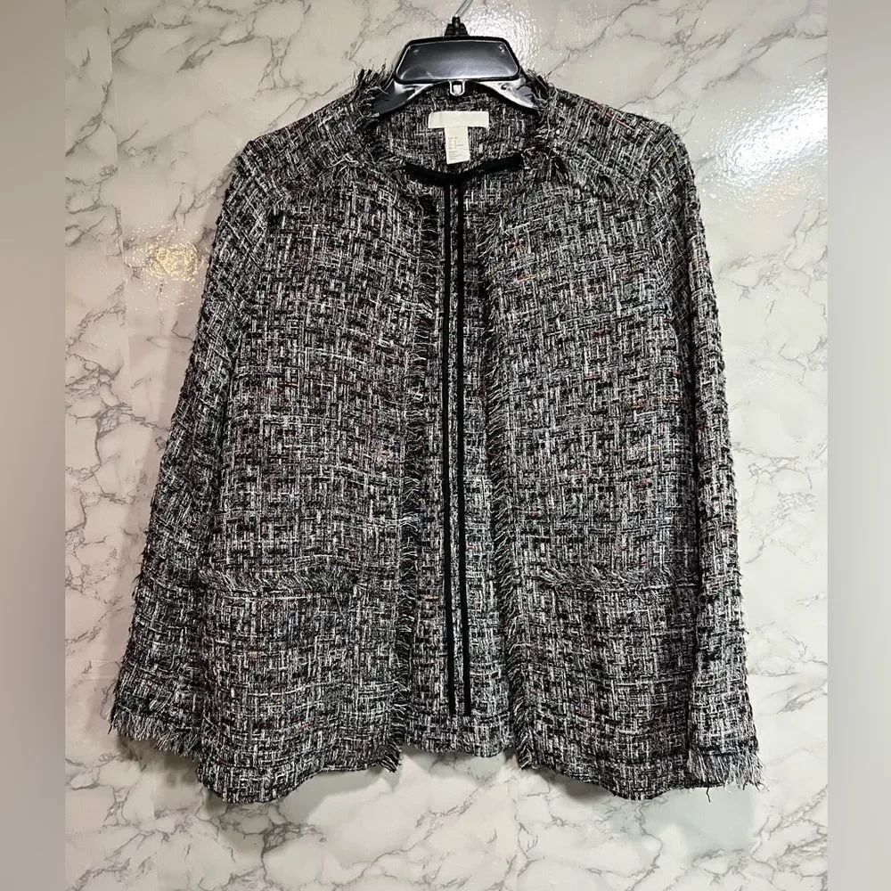 H&M Women Metallic Sparkle Fringe Trim Open Front Tweed Jacket Sz 8 Black White